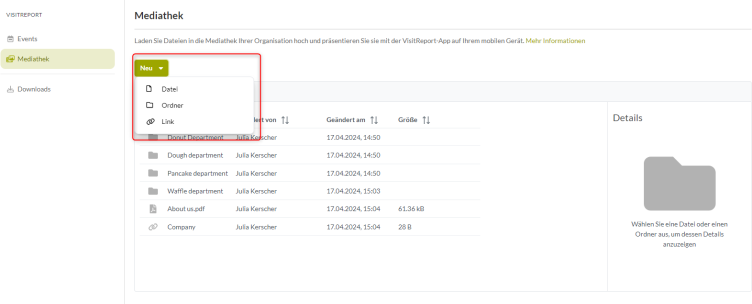 Das snapADDY Dashboard im Abschnitt Mediathek