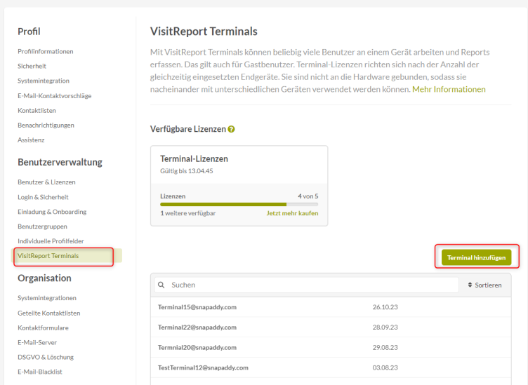 Einstellungen des snapADDY Dashboards im Abschnitt VisitReport Terminals.