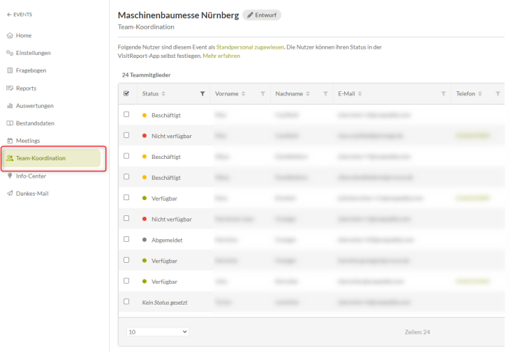 Das snapADDY Dashboard im Abschnitt Team-Koordination