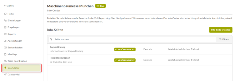 Das snapADDY Dashboard im Abschnitt Info-Center.