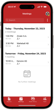 Overview of meetings and resources in the mobile view.