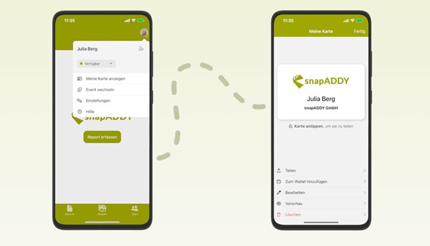 Zwei Smartphones mit snapADDY Apps. Es wird gezeigt, wie man eine digitale Visitenkarte anlegt.